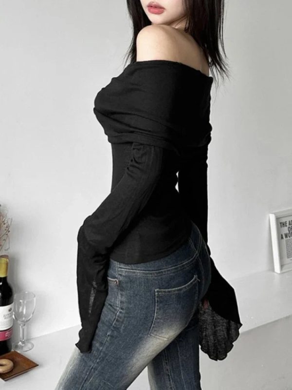 Y2k Aesthetic Women Translucence Tee Shirts Slash Neck Long Sleeve Solid Casual T-Shirts Vintage Off Shoulder Sexy Cute Tshirts - Image 2